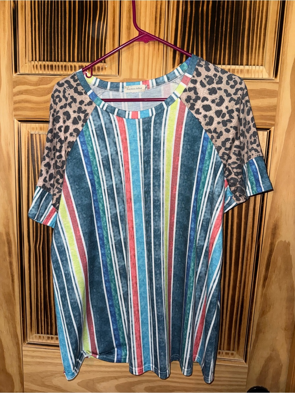 Striped Raglan Top with Leopard Sleeves - Multicolor